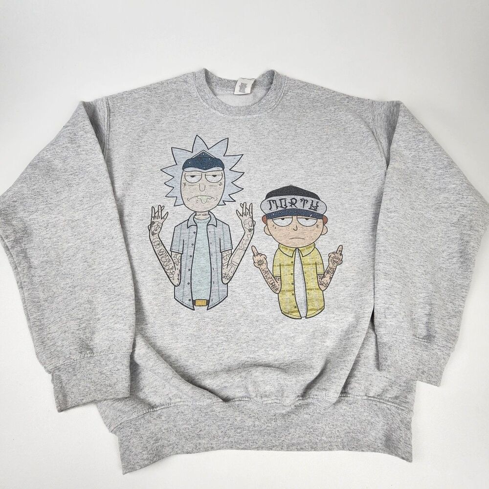 Rick and Morty Sweatshirt Mens Medium Gildan Heavy Blend Gray Graphic Crewneck